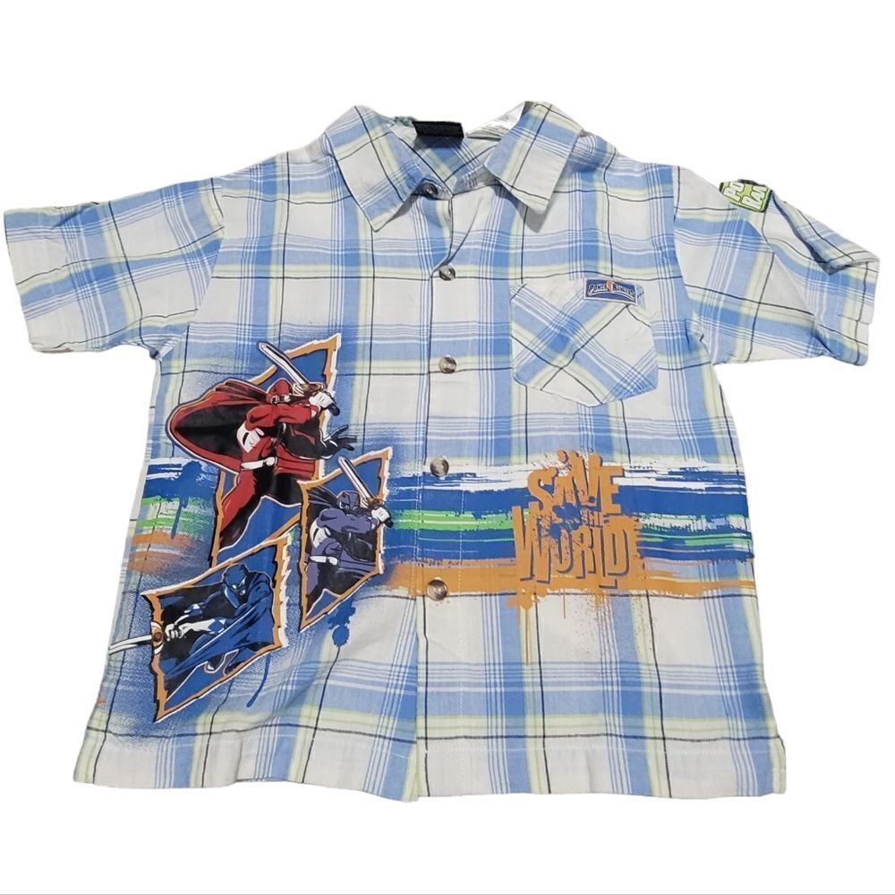 Power Ranger button up plaid graphic shirt